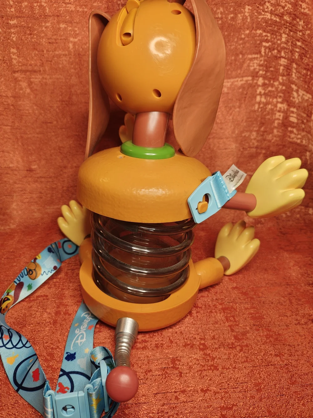 Disney Orange Slinky Dog Pop Corn Bucket, Sipper with Blue Character Lanyard